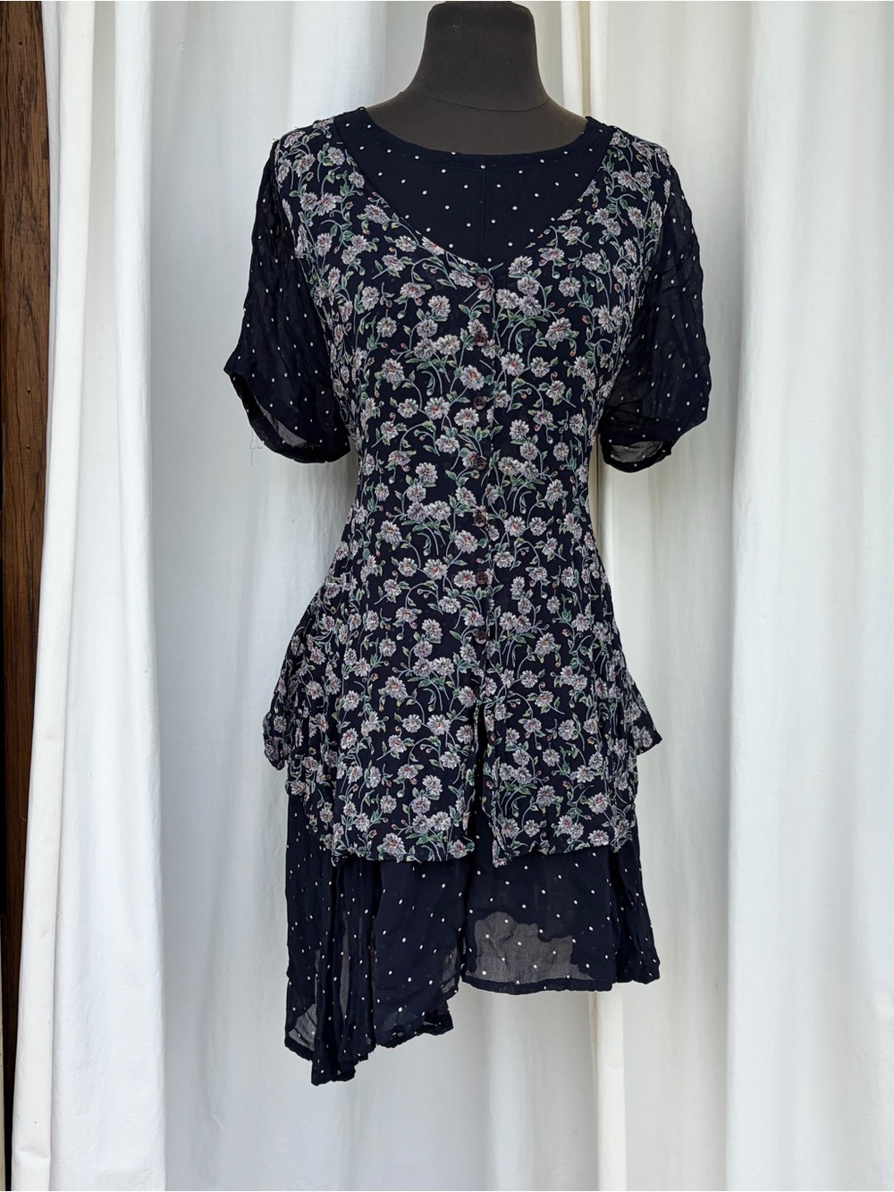 Vintage 90s Navy Floral Polka Dot Mini Dress w/ Back Tie, Boho Cottagecore